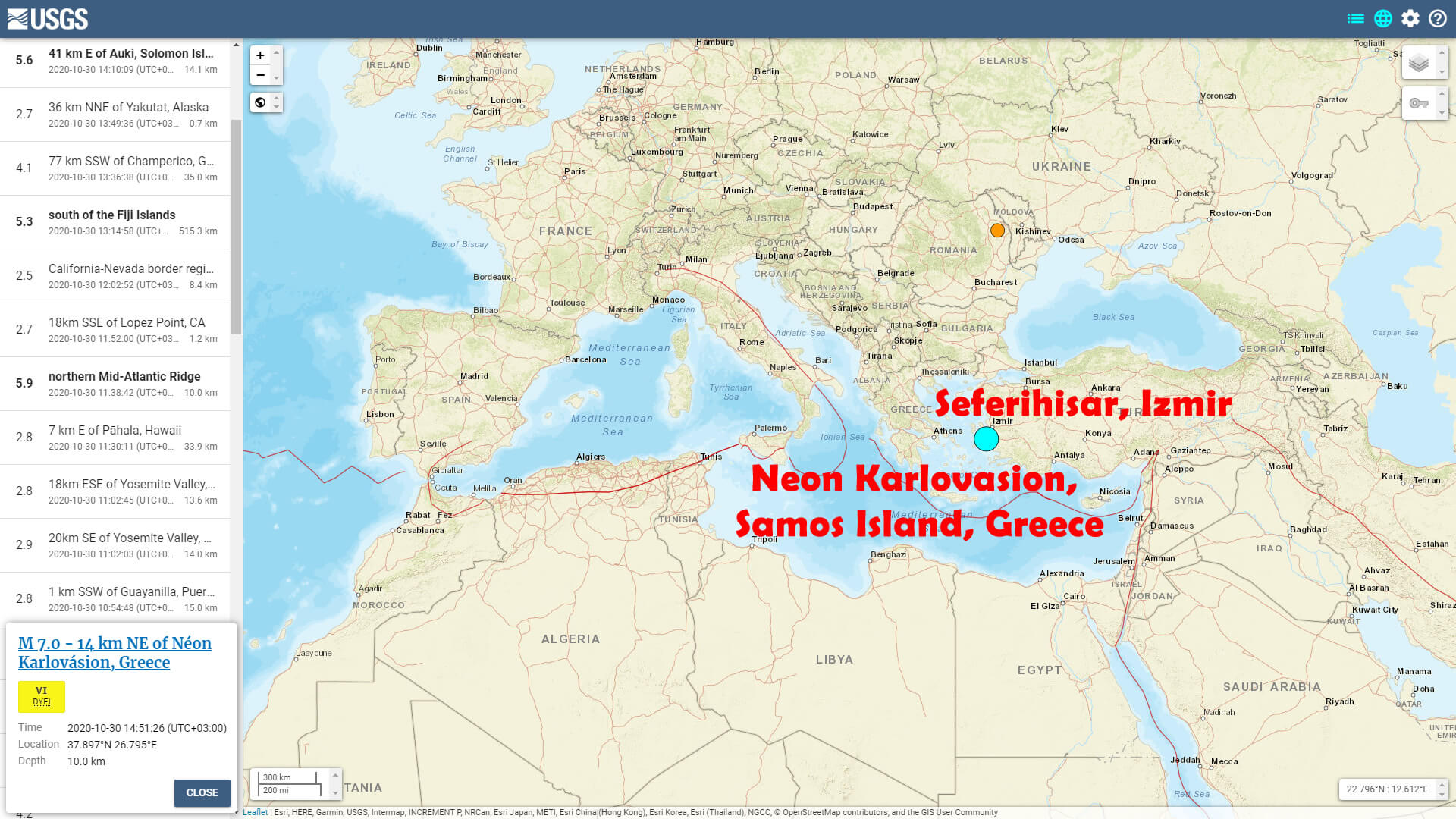 Samos Yunanistan - Seferihisar Izmir - Sep 30 Depremi ABD
